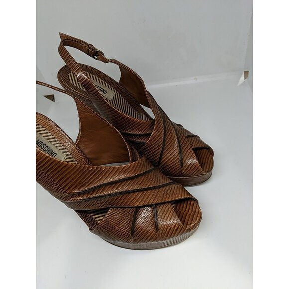 MOSCHINO Women'ts Vtg BROWN LEATHER SLINGBACK PLATFORM HEELS Size 39.5 - Picture 3 of 13